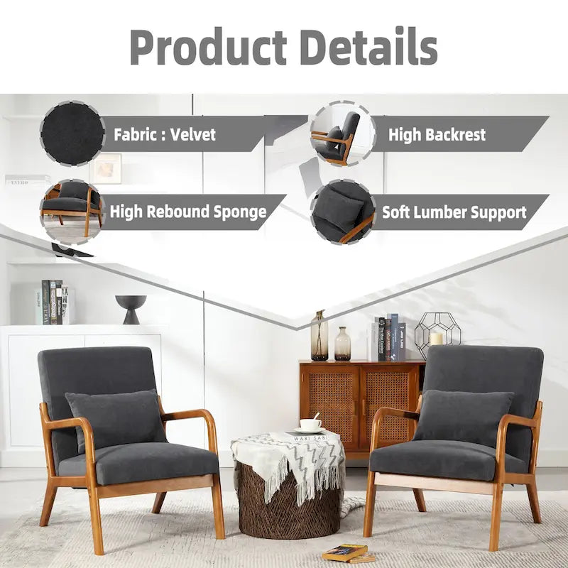 Fauteuil d'appoint en velours avec cadre en bois massif et coussin confortable