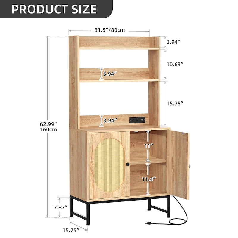 2-Door Rattan Cabinet Baker's Rack with Power Outlets and USB Ports