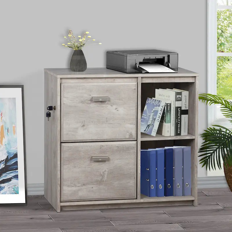 Two-Drawer File Cabinet with Shelves and Cord Management Openings, Rustic Oak