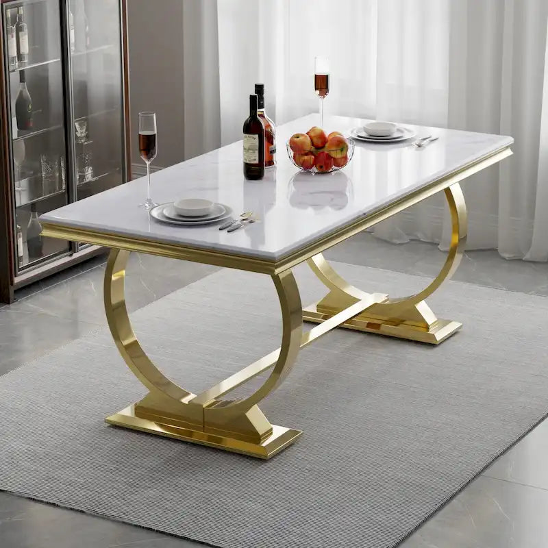 Table à manger de luxe avec piètement circulaire en métal poli - 72 pouces